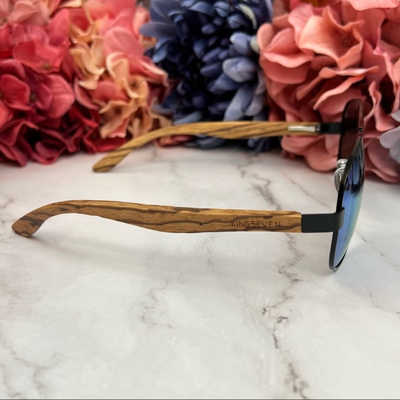 KINGSEVEN Natural Zebra Wood Blue Mirrored Polarized Aviator Sunglasses - Picture 13 of 16